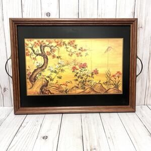 Vintage Pimpernel Tray Chinoiserie Asian Garden Birds Gold Wood Frame Handles